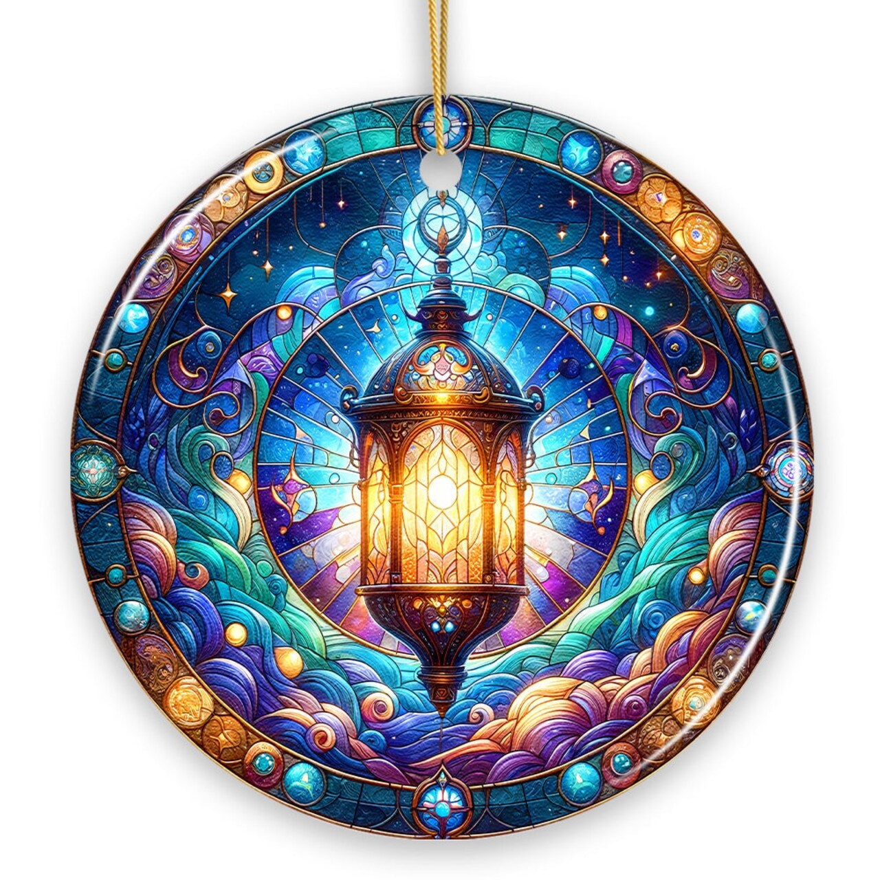 Illustrious Lantern Stained Glass Style Ceramic Ornament, Christmas Gift and Decor